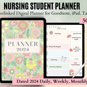 May include: A digital planner for nursing students featuring a floral pattern and the text "PLANNER 2024". The planner includes daily, weekly, and monthly pages. It is designed for use with Goodnote, iPad, and tablets.