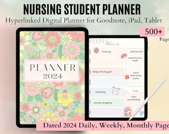 Könnte beinhalten: Ein digitaler Planer für Krankenpflegeschüler mit einem Blumenmuster und dem Text "PLANNER 2024". Der Planer enthält tägliche, wöchentliche und monatliche Seiten. Er ist für die Verwendung mit Goodnote, iPad und Tablets konzipiert.