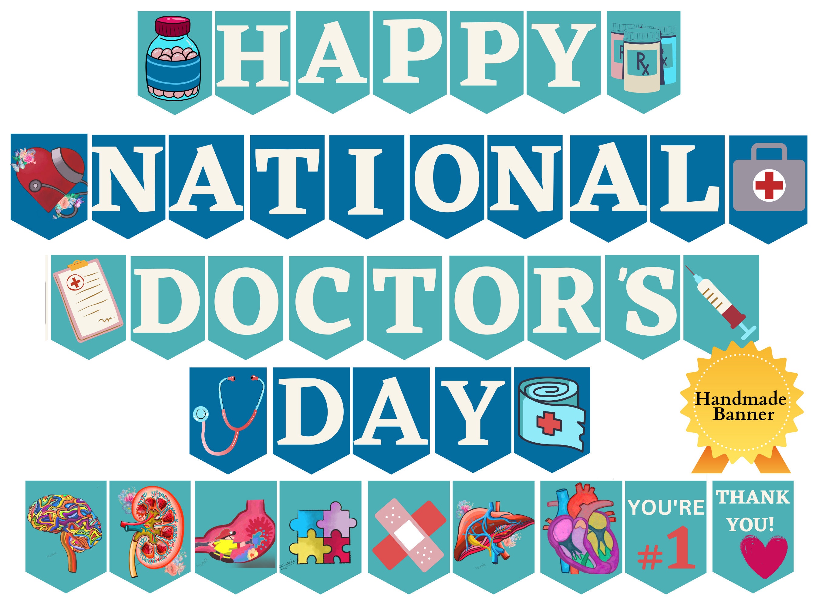 Doctors Day Printable Banner, Handpainted Happy National Doctors Day