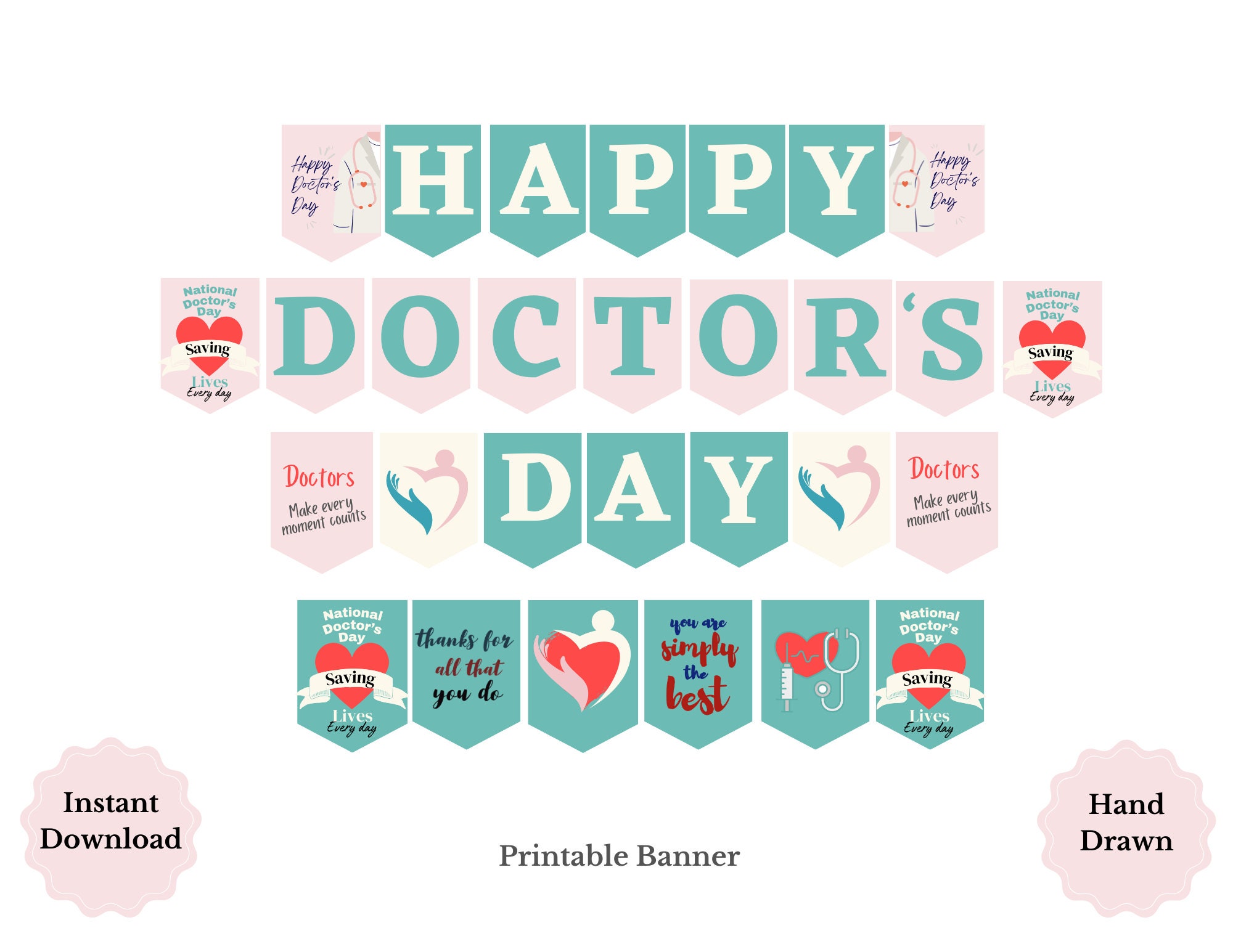 National Doctors Day Printable Banner, Handdrawn Happy Doctors Day