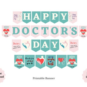 Puede incluir: Pancarta imprimible con un esquema de color turquesa y rosa. La pancarta dice "Feliz Día del Médico" e incluye varias ilustraciones y textos como "Los médicos hacen que cada momento cuente", "Eres simplemente el mejor" y "Día Nacional del Médico Salvando Vidas Todos los Días".