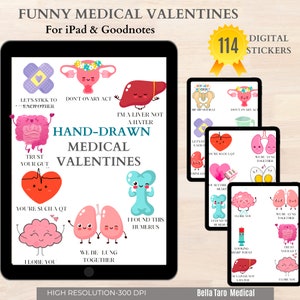 May include: A digital sticker set with 114 hand-drawn medical valentines. The stickers feature cute illustrations of various organs with funny captions, such as "Let's stick together", "Don't ovary act", "I'm a liver not a hater", "Trust your gut", "You're such a qt", "I love you", "We be lung together", "I found this humerus", and "Looking sharp today".