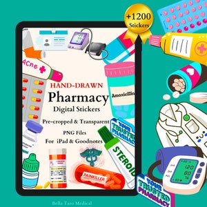 May include: A digital sticker set featuring hand-drawn illustrations of pharmacy-related items, including pills, bottles, and medical equipment. The set includes over 1200 stickers, pre-cropped and transparent PNG files, perfect for iPad and Goodnotes.