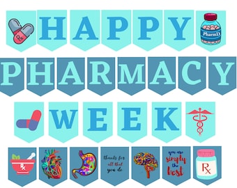 Könnte beinhalten: Ein blaues und türkisfarbenes Banner mit dem Text "HAPPY PHARMACY WEEK" in Weiß. Das Banner ist mit verschiedenen Apotheken-Symbolen verziert, darunter Pillen, Mörser und Stößel, ein Herz, ein Magen, ein Gehirn, ein Caduceus und eine Pillenflasche.