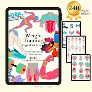 May include: A digital sticker set for iPad and Goodnotes featuring 240 weight training illustrations. The set includes pre-cropped, transparent PNG files of various body parts, equipment, and motivational phrases. The illustrations are colorful and feature a cartoon style.