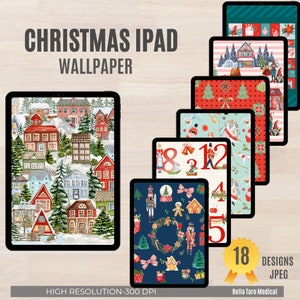 May include: Set of 18 digital Christmas iPad wallpapers featuring festive designs, including a snowy village, a gingerbread house, and a nutcracker. High resolution, 300 DPI.