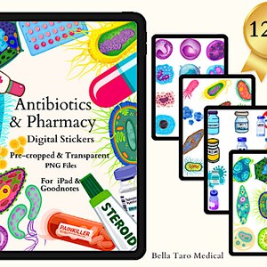 May include: A digital sticker set featuring 1200 pre-cropped and transparent PNG files of colorful illustrations of bacteria, pills, and medical supplies. The text "Antibiotics & Pharmacy" is displayed on the main image. The stickers are designed for use with iPad and Goodnotes.