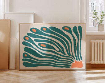 Peut inclure: Impression d'art abstrait avec un motif turquoise et orange. Le motif présente une série de lignes et de formes courbes qui ressemblent à une fleur ou un corail stylisé.