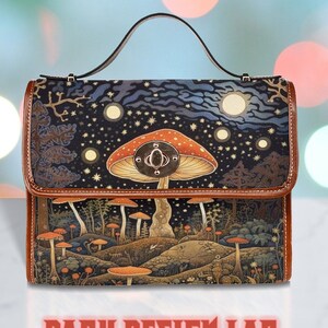 Cottagecore Witch Canvas Satchel Bag: Adorable Women's Crossbody Purse with Mushroom Design, Vegan Leather Strap, and Gothic Vibes