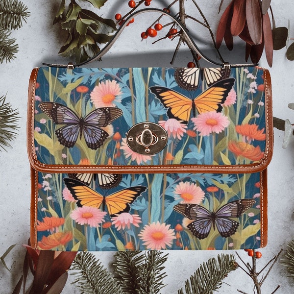 Boho Butterfly Satchel Bag, Cottagecore Purse Cute Butter fly Satchel Canvas Bag, Cute Cottage core hand bag witches forest bag gift