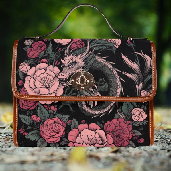 Gothic Dragon Roses Satchel Bag, Cute Goth Dragon crossed body purse, Floral Dragon hand bag goth bag, Gothic Retro Bag, Dragon Purse Gift
