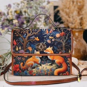 Cottagecore Fox Canvas Satchel Bag, Boho Animal Crossed Body Bag, Cute Forest Animal Witch Satchel Bag, Organized Witchcraft Bag