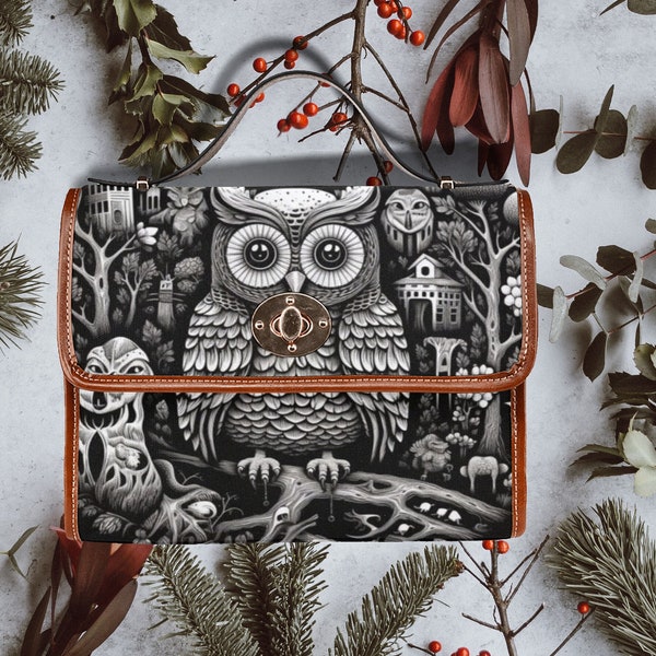 Cottagecore Owl Satchel Bag, Cute Owl Witch Canvas Satchel Bag, Cute Cottage core bird hand bag, sac à main noir et blanc