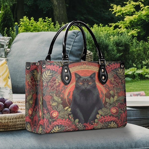 Cottagecore Witchy Black Cat Handbag, Boho Botanical Crossed Body Bag, Organized Black Cat bag, Floral Witchy Handbag, Hippies Boho Gift