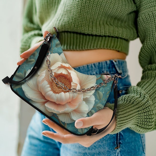 Cottagecore Pastel Peonie Purse, Crossbody Flower Bag Gift for Flower Lovers Handbag, Crossbody Vegan Leather Botanical Bag Boho Hippie Gift