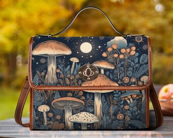 Cottagecore witch Canvas Satchel bag, Cute Mushroom Moon crossed body purse, Goblincore Dark Forest Bag, Witchy Mushroom Bag