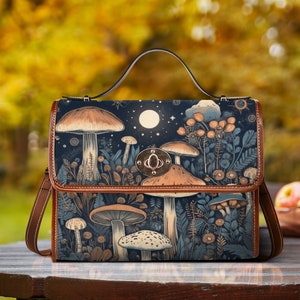 Cottagecore witch Canvas Satchel bag, Cute Mushroom Moon crossed body purse, Goblincore Dark Forest Bag, Witchy Mushroom Bag image 1
