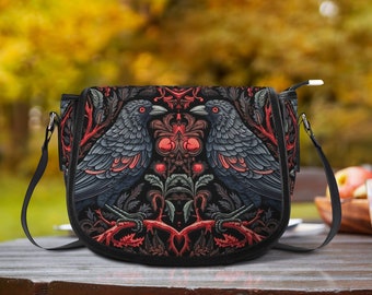 Witchy Goth Raven portemonnee, Cottagecore Witch Crow crossbody tas, Goth Witch handtas, georganiseerde hekserij tas, zadeltas voor vogelliefhebbers