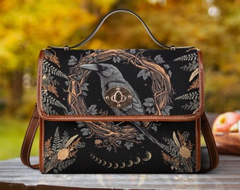 Raven Witchy Bag: Gothic Crossbody with Crow Witchcraft Detail - Stylish & Organized Accessory Bag for Witches. Goth Decorative Bag