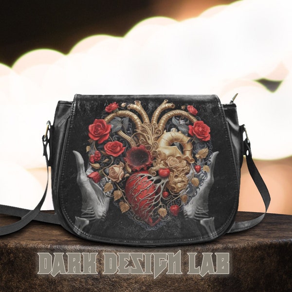 Gothic Boho Heart Saddle Bag, Whimsigoth Crossed Body Bag Anatomical Heart Witchcraft Bag, Goth Decorative Handbag, Organized Witch Bag