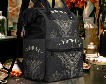 Mochila de bolsa de pañales Dark Cottagecore Moth, bolsa de bebé organizada, bolsa de mamá gigante de fase lunar bruja, bolsa de pañales de mamá, bolsa de embalaje de bebé de mamá