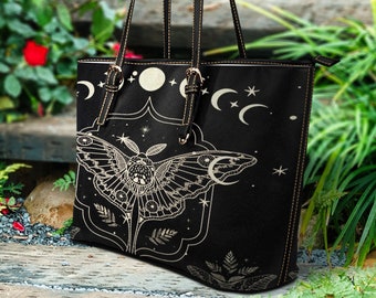 Gothic Moth Tote Purse, Celestial Moth Shoulder Bag, Moon Phase Witch Bag, Witchy Moth Purse, Organized Witchcraft Bag, Moth lover Purse