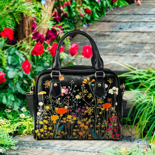 Sac à main Cottagecore fleurs sauvages, sac à bandoulière bohème fleurs sauvages pressées, sac à main hippie rétro en cuir végétalien, sac à bandoulière fleurs botaniques