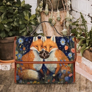 Cottagecore Fox Canvas Satchel Bag, Boho Botanical Crossed Body Bag, Cute Forest Animal Witch Satchel Bag, Organized Witchcraft Bag