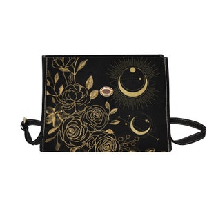 Floral Moon Witch Satchel Bag, Dark Cottagecore Crossed Body Purse, Goth purse, cute vegan leather strap hand bag, hippies boho gift image 10
