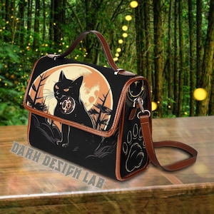 Black Cat Witch Canvas Bag, Witchy Cat Moon Purse, Cute Cottagecore Witch Canvas Satchel Bag, eco goth satchel, Cottage Core Cat Purse