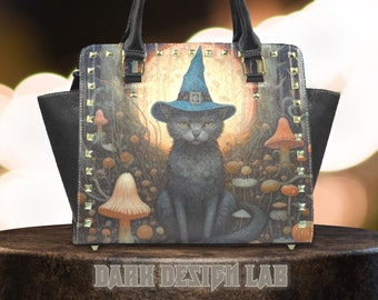 Cottagecore Schwarze Katze Handtasche, Boho Spooky PU Leder Geldbörse, Vegan Leder Hexentasche mit Nieten, Wunderliche Organisierte Hexerei Tasche