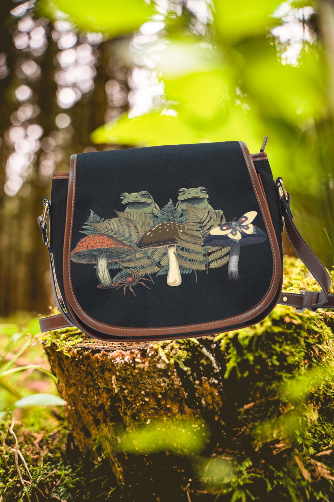 Boho Frog Toad Witch Vegan Leather Goth Saddle Bag, Witchy Crossed Body