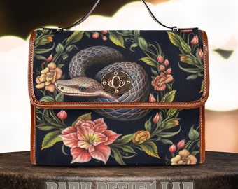 Bolso de cartera de bruja Cottagecore, bolso de bruja de serpiente boho floral, bolso de brujería organizado de serpiente y rosas, bolso de serpiente gótica