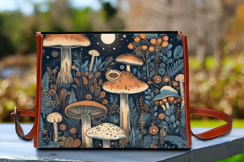 Cottagecore witch Canvas Satchel bag, Cute Mushroom Moon crossed body purse, Goblincore Dark Forest Bag, Witchy Mushroom Bag image 6