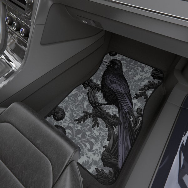 Witchy Crow Car Floor Mats, Cute Raven Witch Car Matting, Grey and Black Vehicle Interior Decor, Witchy Cottagecore Crow Car Interior Decor
