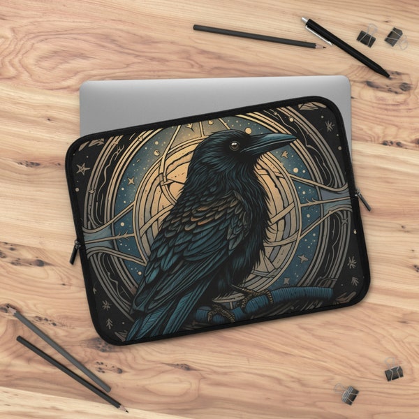 Witchy Crow Goth laptop sleeve, 7"- 17" laptop case, Multiple sizes laptop padded bag, ipad travel bag cover case, cute macbook cover