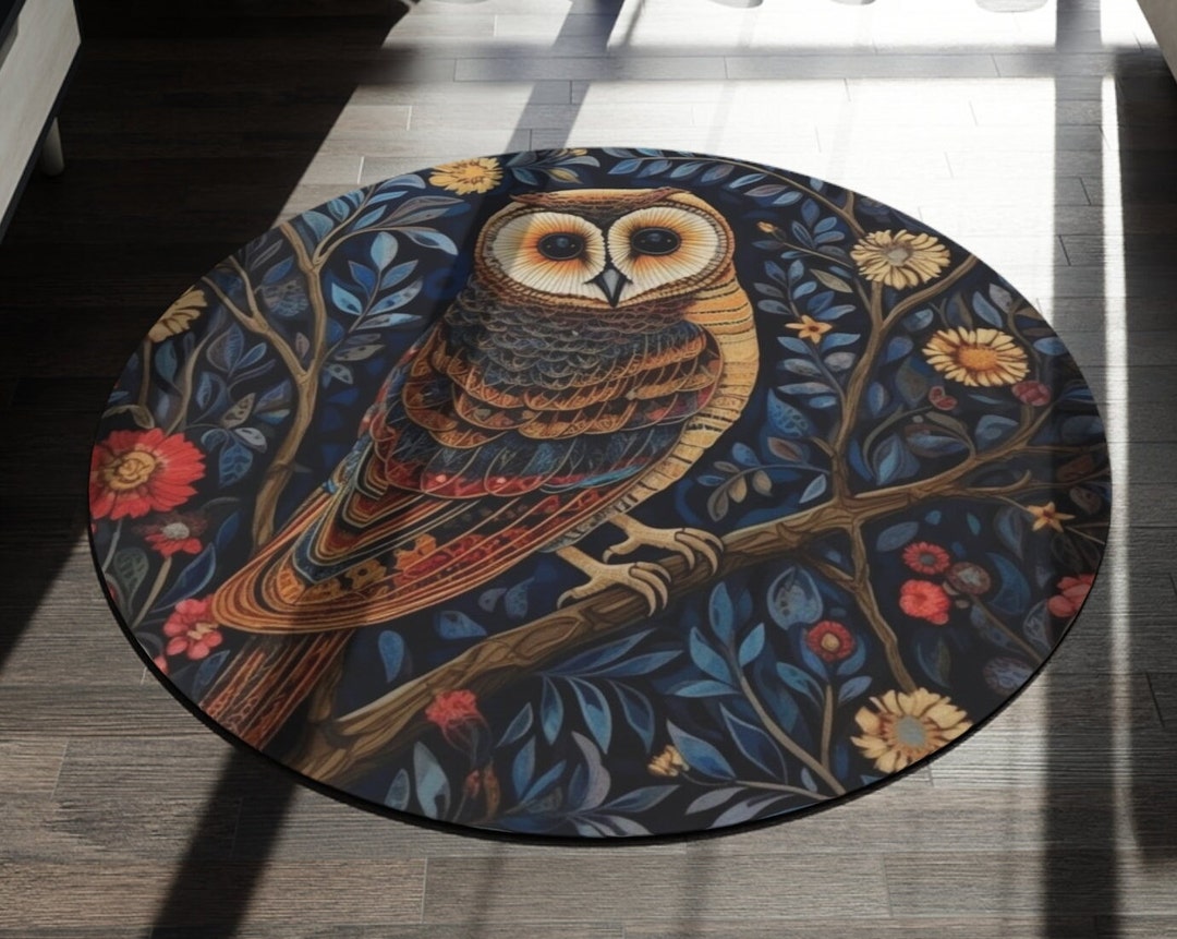 Witchy Boho Owl Round Rug Cottagecore Area Rug Boho Owl Etsy