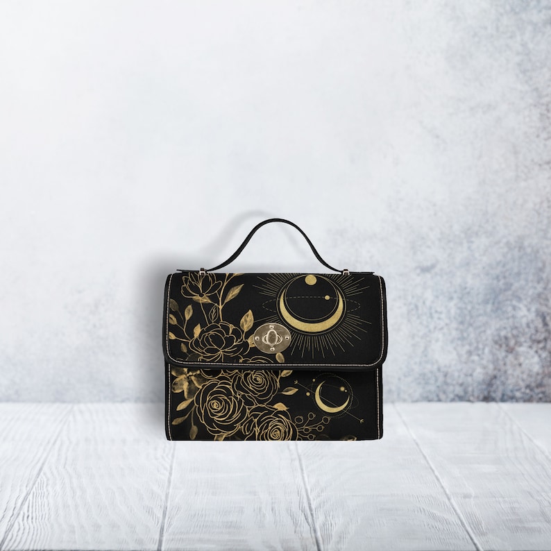 Floral Moon Witch Satchel Bag, Dark Cottagecore Crossed Body Purse, Goth purse, cute vegan leather strap hand bag, hippies boho gift image 1