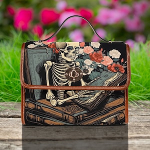 Dark Academia Satchel bag, Skeleton Handbag, Cute Skeleton Roses crossed body purse, cute vegan leather trim hand bag, Goth Purse Gift