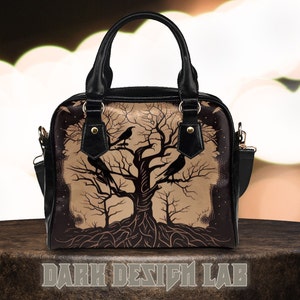Gothic Yggdrasil Crow Handbag | Witchy Hand Bag | Pagan Shoulder Bag for Dark Aesthetic | Witchy Bag