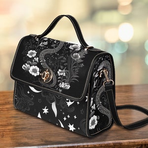 Witchy Celestial Snake Satchel Bag, Moon and Stars Purse, Crossed Body Witch Bag, Goth Witchcraft Bag, Black and White Witch Bag