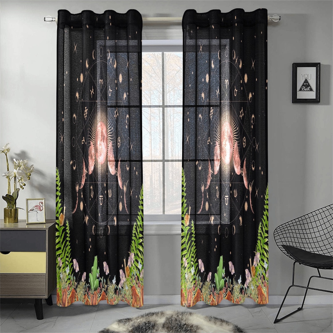 Cottagecore Mushroom Moon Phase Curtains, Dark Cottagecore Living Room