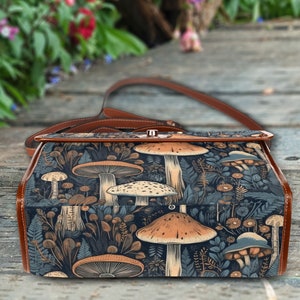 Cottagecore witch Canvas Satchel bag, Cute Mushroom Moon crossed body purse, Goblincore Dark Forest Bag, Witchy Mushroom Bag image 9