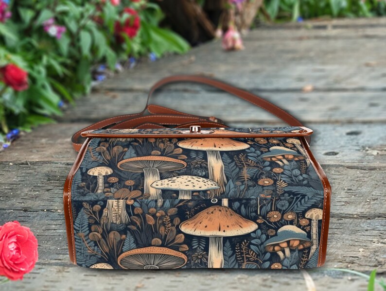 Cottagecore witch Canvas Satchel bag, Cute Mushroom Moon crossed body purse, Goblincore Dark Forest Bag, Witchy Mushroom Bag image 9