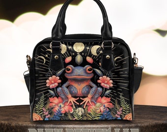 Mystical Frog Handbag, Decorative Witchy Toad Purse, Crossbody Moon Phase Witchcraft Organized Bag, Cottagecore Frog Handbag