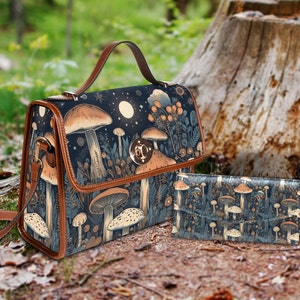 Cottagecore witch Canvas Satchel bag, Cute Mushroom Moon crossed body purse, Goblincore Dark Forest Bag, Witchy Mushroom Bag image 2