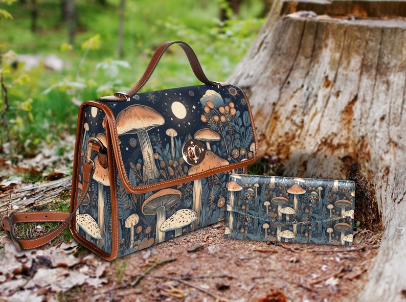 Cottagecore witch Canvas Satchel bag, Cute Mushroom Moon crossed body purse, Goblincore Dark Forest Bag, Witchy Mushroom Bag image 2