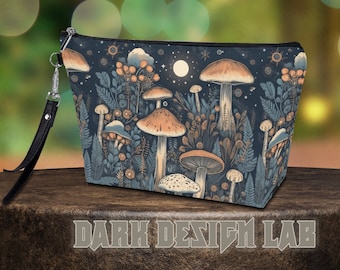 Dark Cottagecore Mushroom zipper pouch, Dark Forest Moon makeup cosmetic bag, Boho Crystal Tarot Zipper Pouch, Pencil Pouch, Toiletry Pouch
