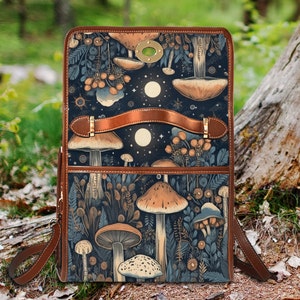 Cottagecore witch Canvas Satchel bag, Cute Mushroom Moon crossed body purse, Goblincore Dark Forest Bag, Witchy Mushroom Bag image 5