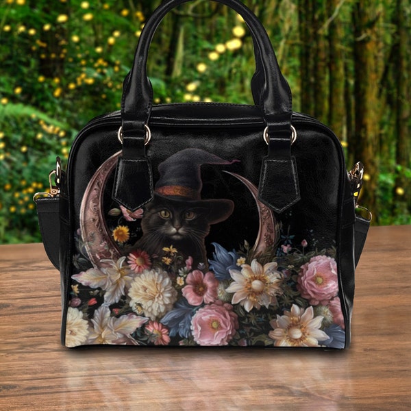 Sac à main Witchy Black Cat, Goth Cat Crossbody Purse, Vegan Leather Goth Hand Bag, Décoratif Sorcière Sac, Sac à main Black Cat, Cat Purse